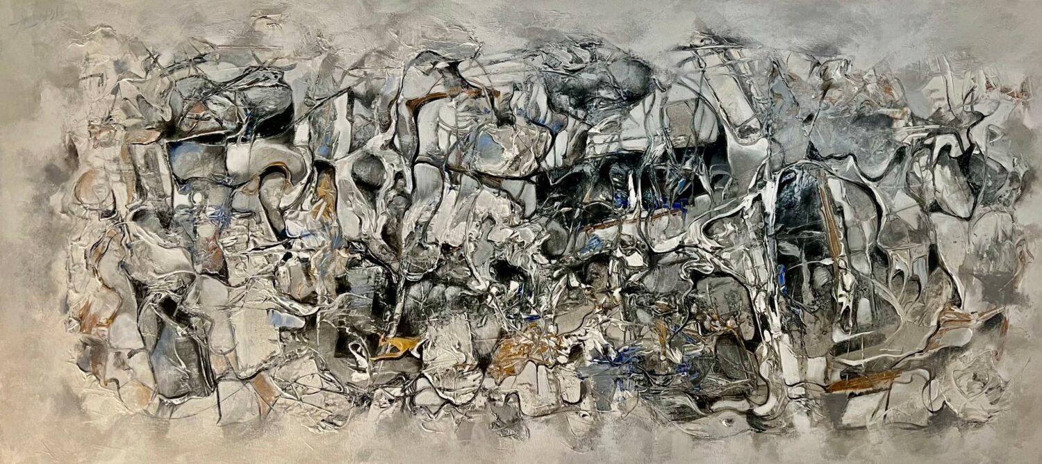 Captivating Organic Fantasy painting featuring a serene grey background, adorned with intricate dark lines that gracefully depict organic movements. This visually engaging artwork invites contemplation and transports viewers into a realm where nature's fluidity and fantasy converge with enchanting allure.