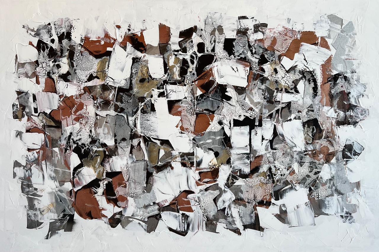 Cut shapes abstract paintings with bronze and grey colours.