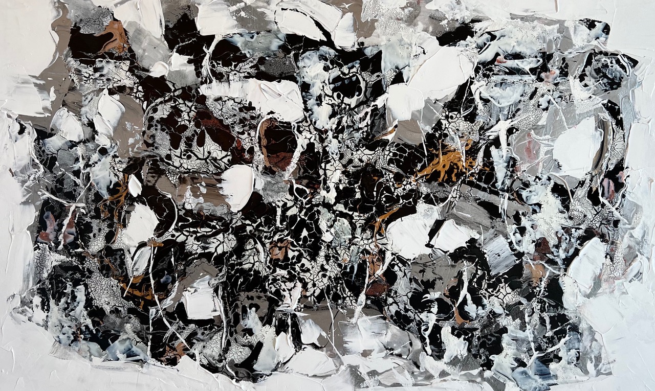 Abstract painting with grey and blacks organic matter. Gold highlights are also appealing.