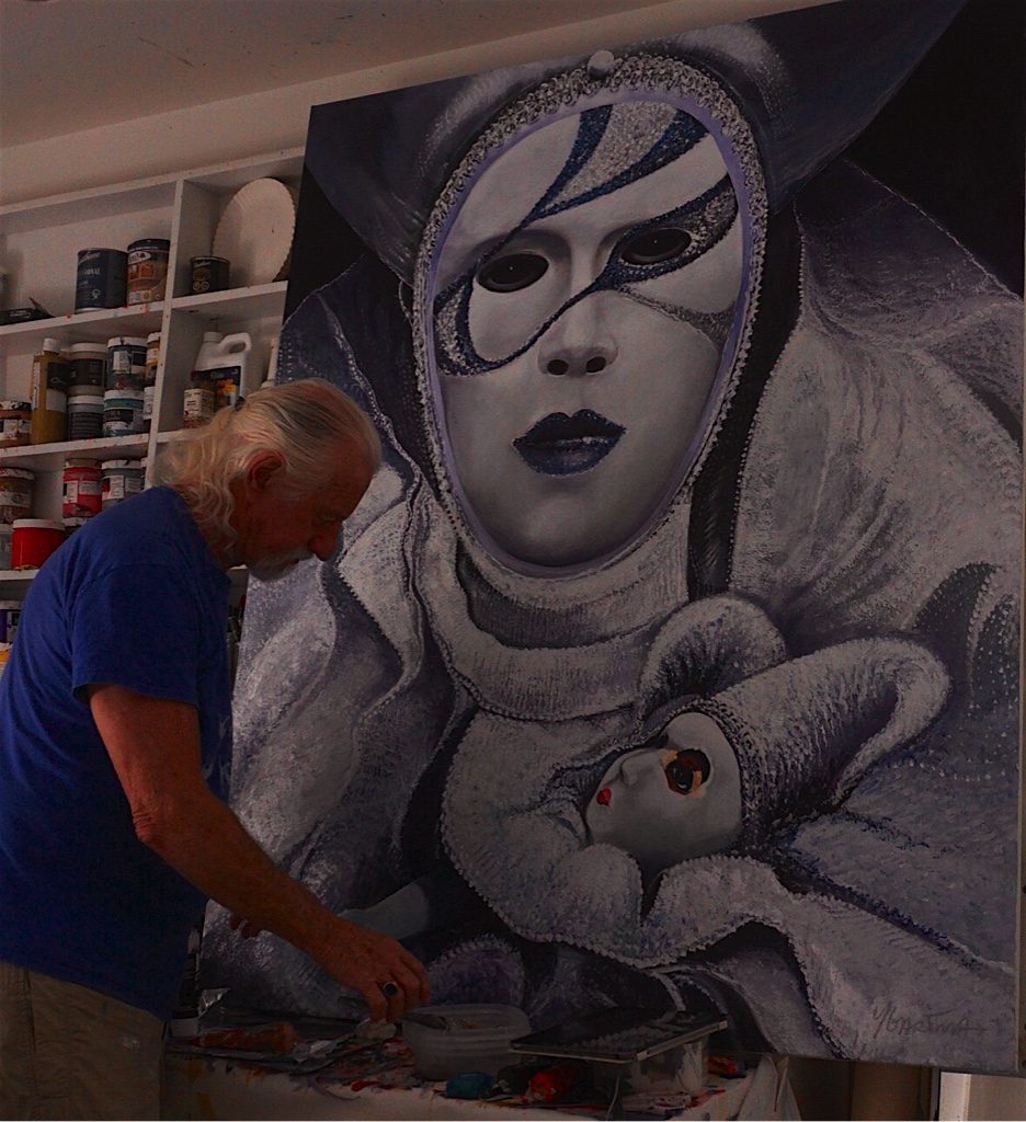 artist painting in studio venice carnival — Paul Ygartua’s Venice Carnival painting