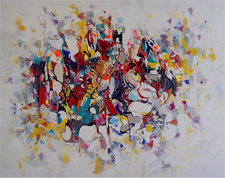Abstract painting with curves, sways and texture in yellow, red colours
