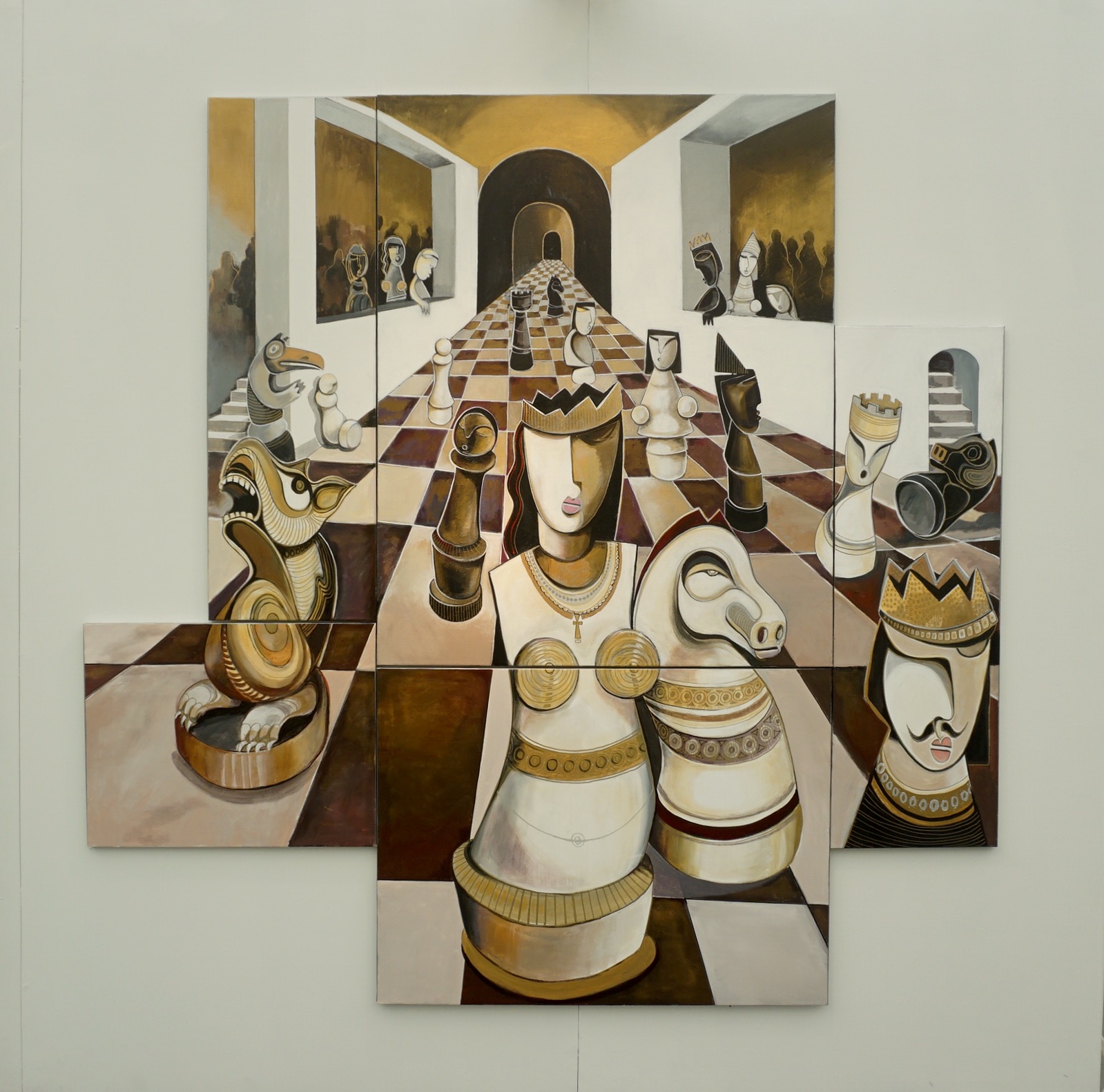 Five piece painting with bronze, gold depicting chess pieces.