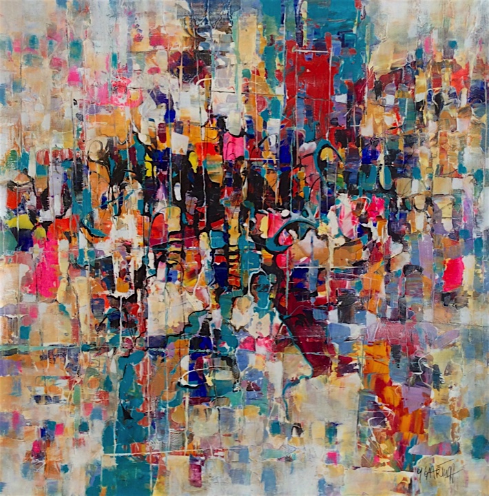 Abstract painting with bright yellow, aqua colours and texture. Acrylic on canvas.