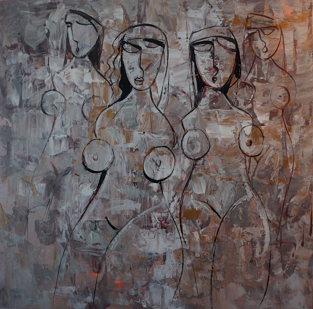Contemporary art with women figures. Bronze and grey colours.