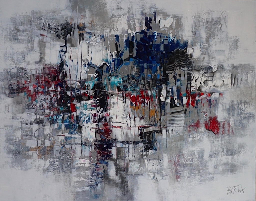 Textured painting on canvas with silver, white and dark blue.