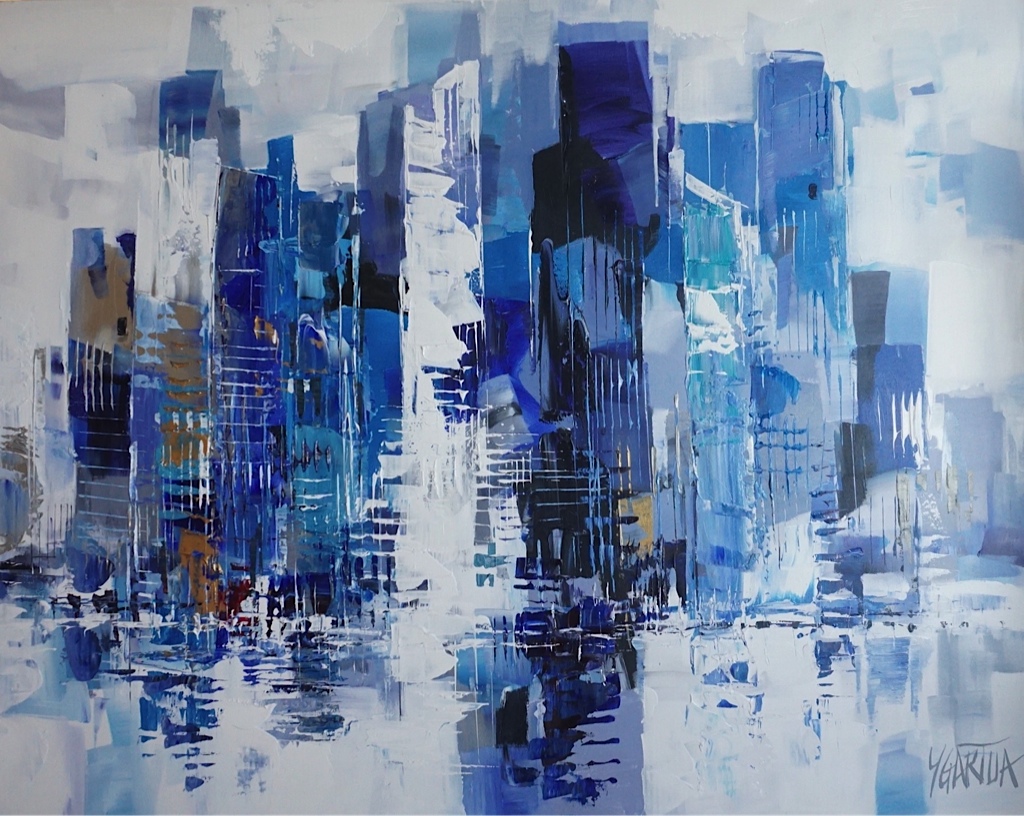 City of New York painting of Manhattan with blue, bronze and white.